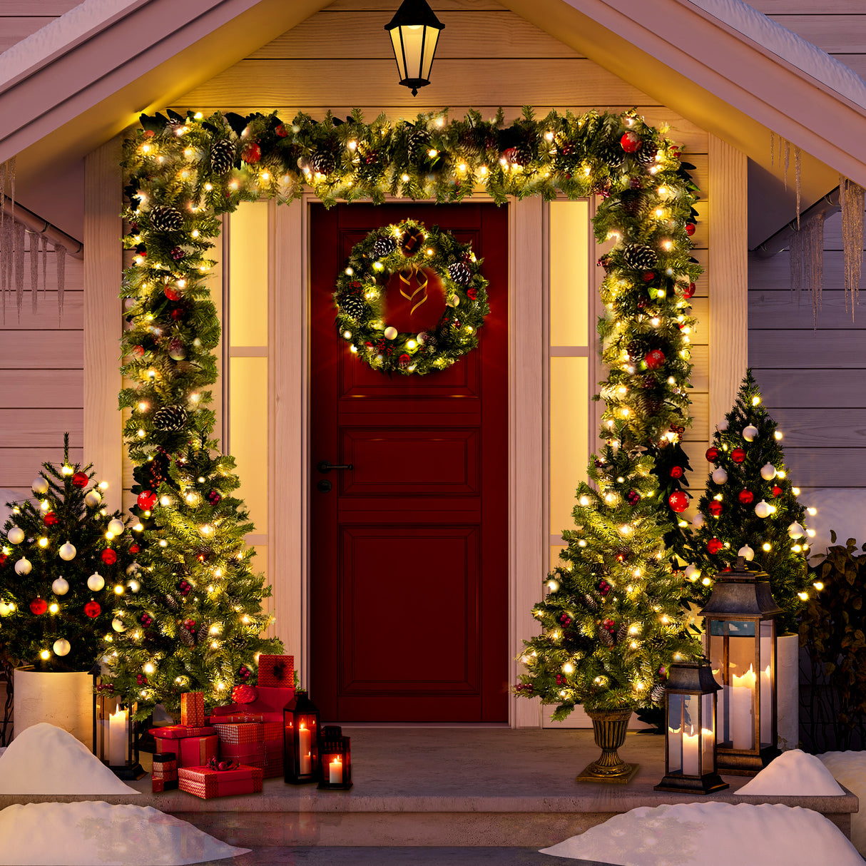Christmas Tree Artificial Christmas 4-piece Set, including flower wreath, flower wreath, and 2 entrance trees, with LED lights - V.I.P Digital Presence
