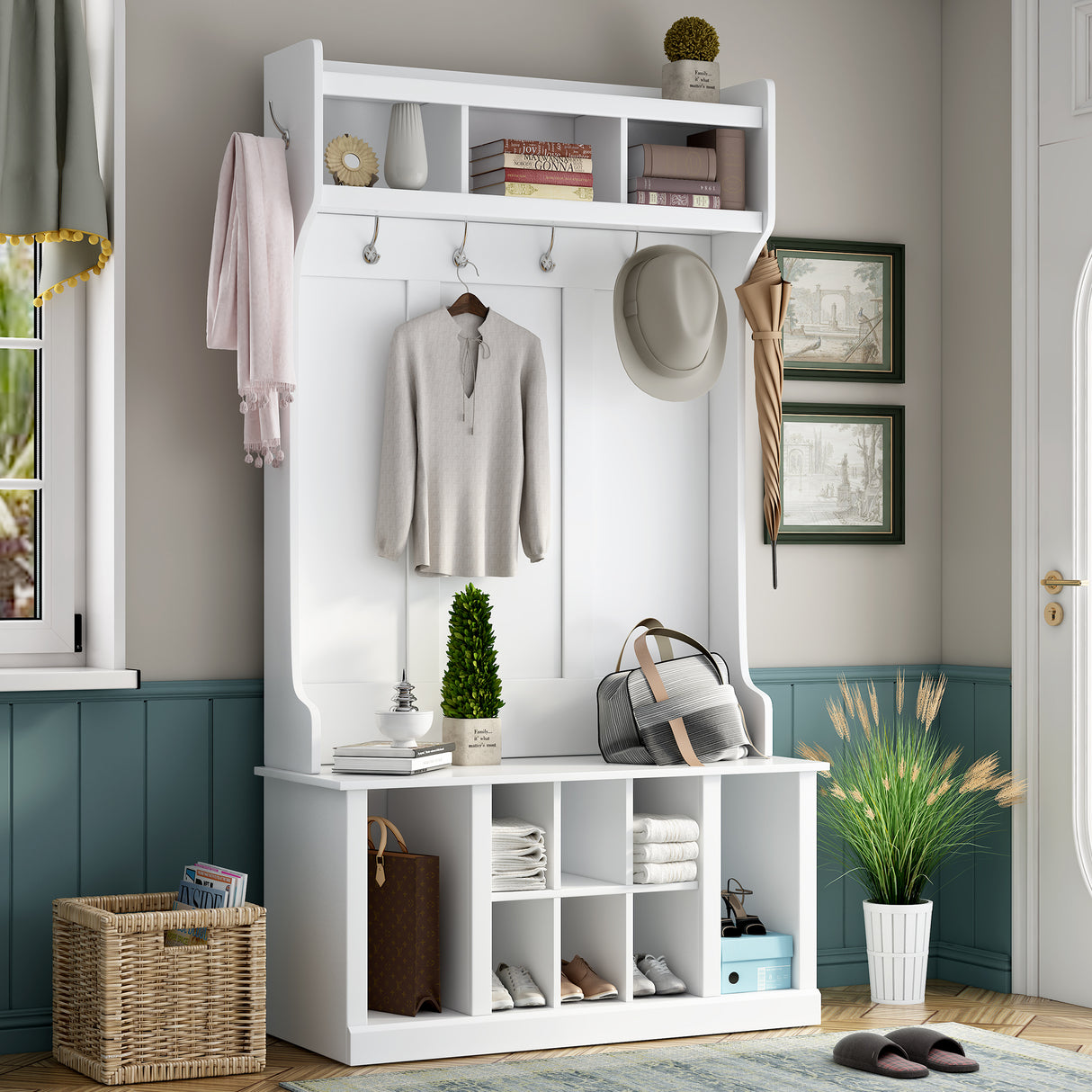 U-Can Hall Tree with 6 Hooks Coat Hanger Entryway Bench Storage Bench (White)
