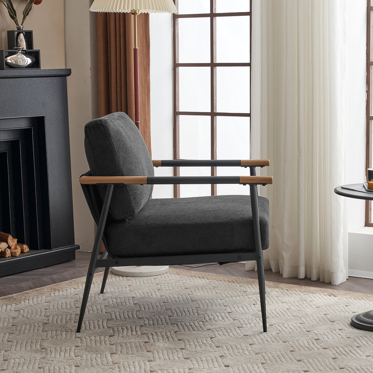 Leisure Lounge Chair Arm Chair with Metal Frame, Upholstered Side Chair Comfy Sitting Chair for Living Room, Black Chenille - V.I.P Digital Presence