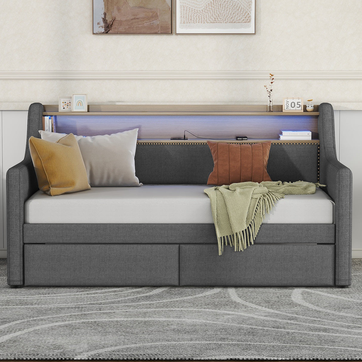 Twin Size Daybed with Storage Drawers, Upholstered Daybed with Charging Station and LED Lights, Gray - V.I.P Digital Presence