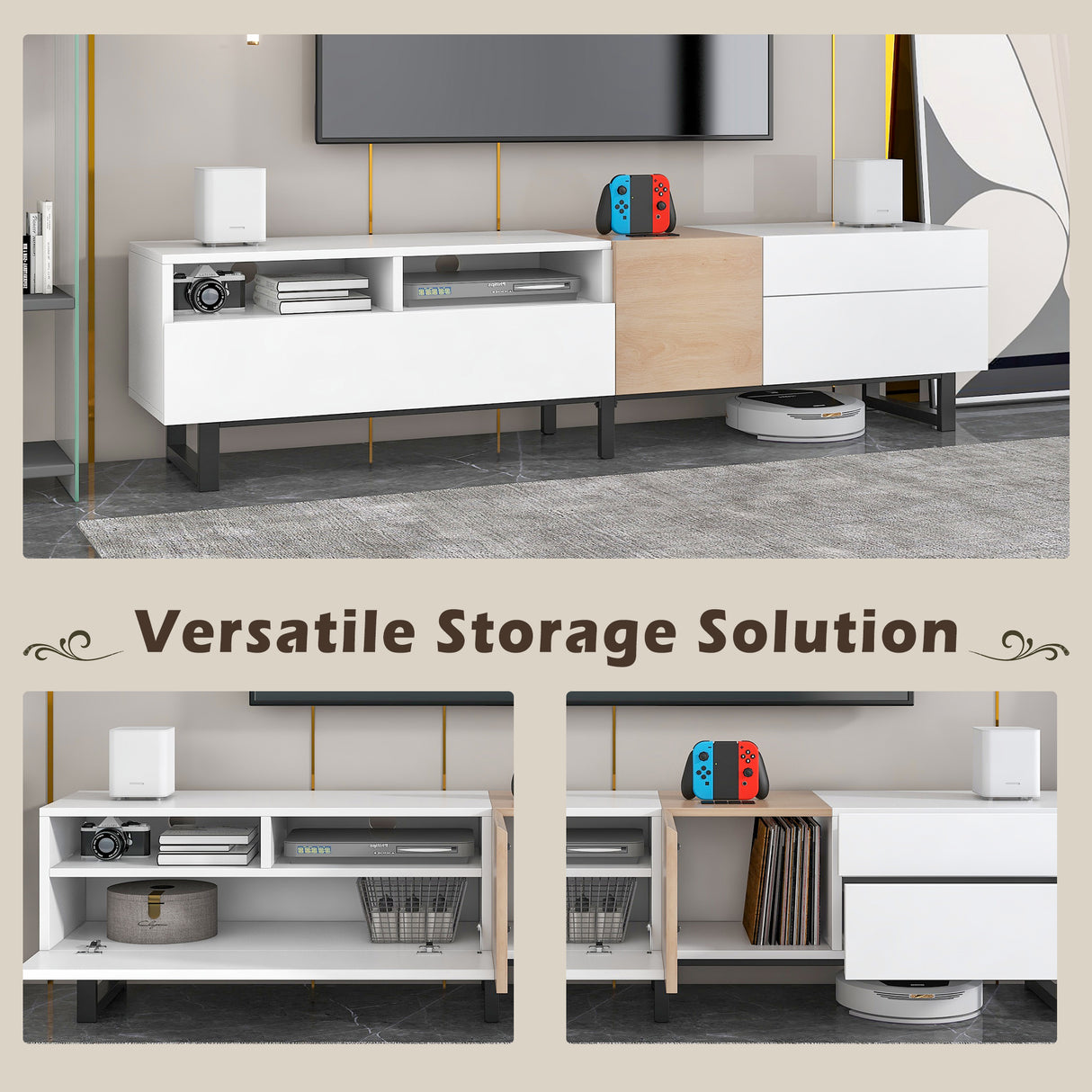 Modern TV Stand for 80'' TV with Double Storage Space Media Console Table Entertainment Center with Drop Down Door
