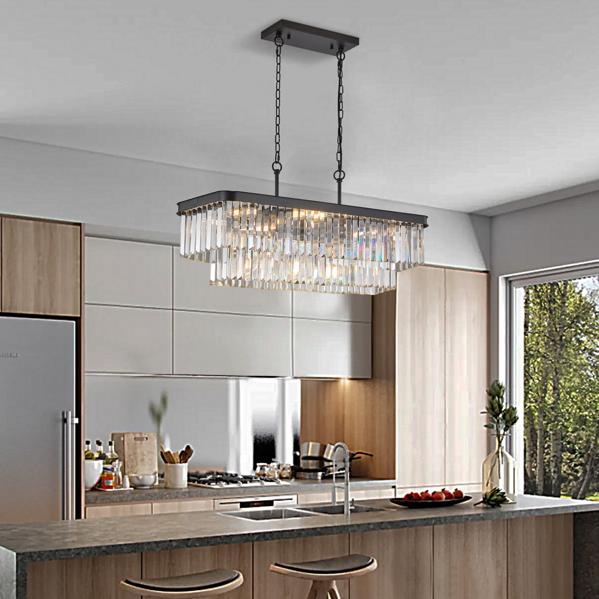 Chandeliers,Rectangular Crystal Chandelier Adjustable,E12 Modern Industrial Crystal Lights (Bulb Not Included) - V.I.P Digital Presence