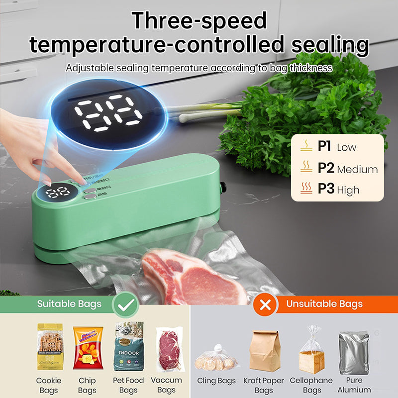 Beige cordless 3 - in - 1 food sealer. For dry/moist food, 4 bags. Seals chip bags, inflates items. - V.I.P Digital Presence
