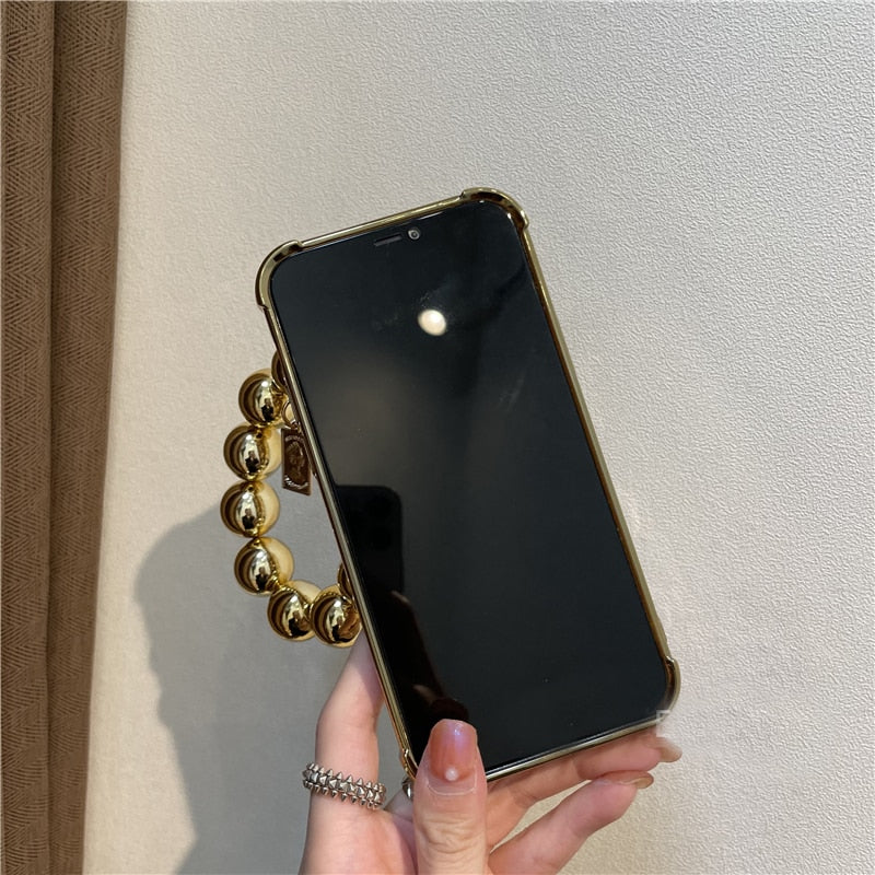 Funda de teléfono suave de lujo con cadena colgante y cuentas redondas chapadas en diamantes para iPhone 14, 13, 11, 12 Pro Max, 7, 8 Plus, X, XR, XS, SE 2020