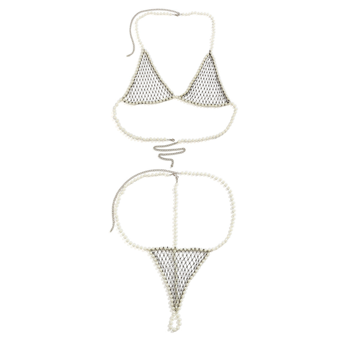 Women's sexy and simple imitation pearl woven chest chain set, new creative fishing net waist chain - V.I.P Digital Presence