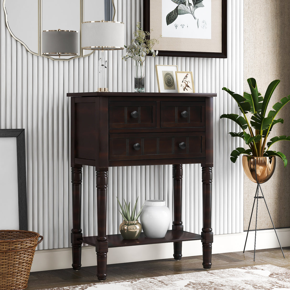 TREXM Narrow Console Desk, Ultra Thin Sofa Table with Three Storage Drawers and Living Room Bottom Shelves (Espresso) - V.I.P Digital Presence