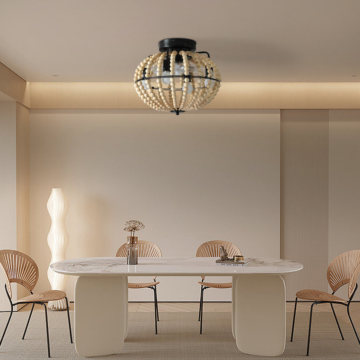 Beaded Fan lamp Wood Beaded Chandelier Oak White - V.I.P Digital Presence
