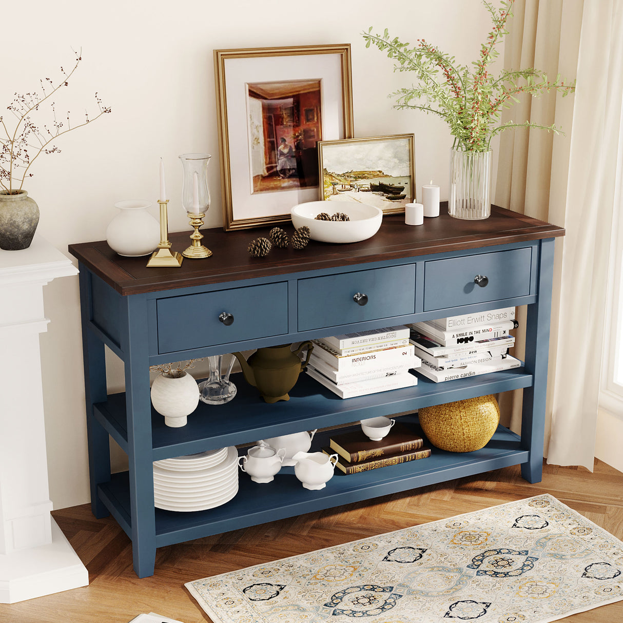 Retro Design Console Table with Two Open Shelves, Pine Solid Wood Frame and Legs for Living Room (Antique Navy+Espresso) - V.I.P Digital Presence