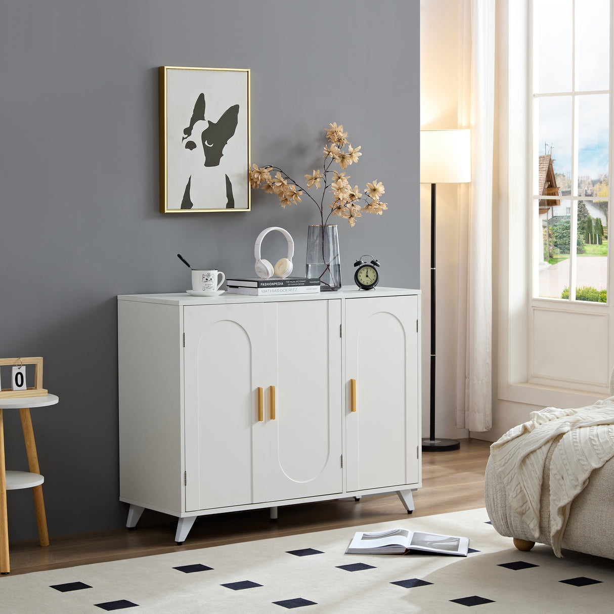 Sideboard Buffet cabinet with 3 doors and removable shelves, for living room, dining room, ivory white - V.I.P Digital Presence