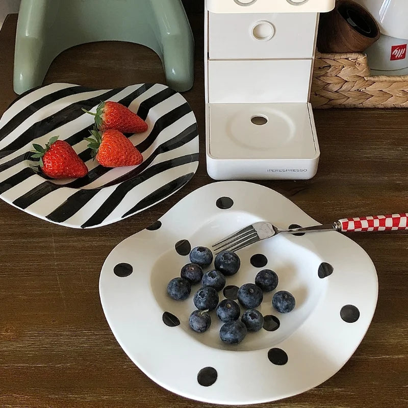 Nordic Ceramic Plate Dot Stripe Irregular Wave Shape Ceramic Dessert Plate Pasta Plate Dinner Plates Ceramic Dish Plates - V.I.P Digital Presence