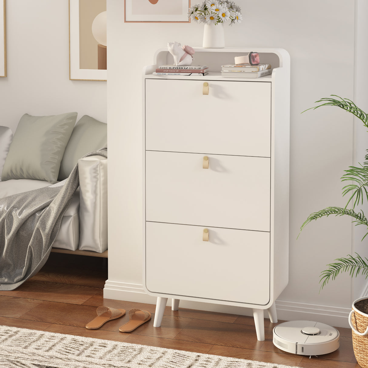 Modern Arc Design Shoe Cabinet With 3 Drawers,Shoe Storage Cabinet for Entryway,Outdoor,White Finish - V.I.P Digital Presence