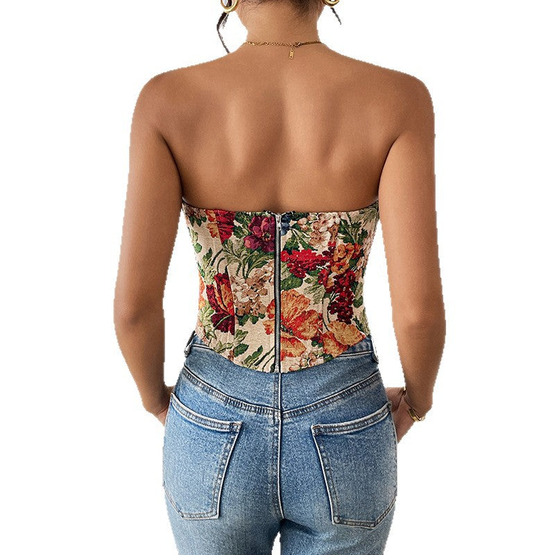 Retro strapless floral print slim fit new lace up chest hugging niche vest - V.I.P Digital Presence