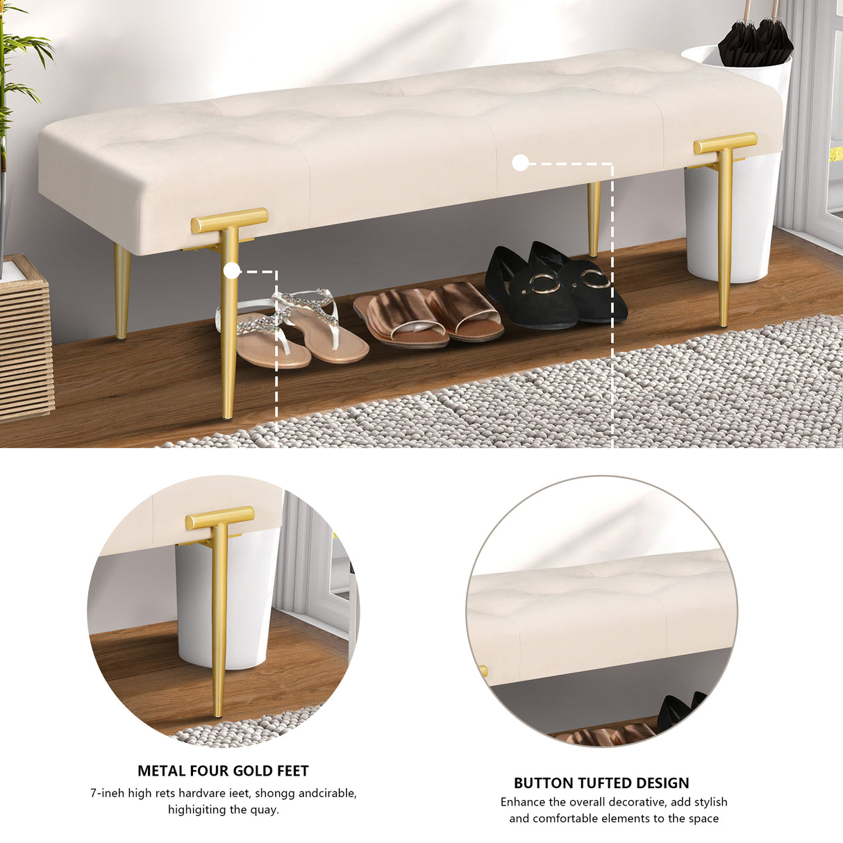 48'' Modern Ottoman Bench Velvet Bench Upholstered Footrest With Gold Metal Legs And Padded Seat For Bedroom Living Room - V.I.P Digital Presence