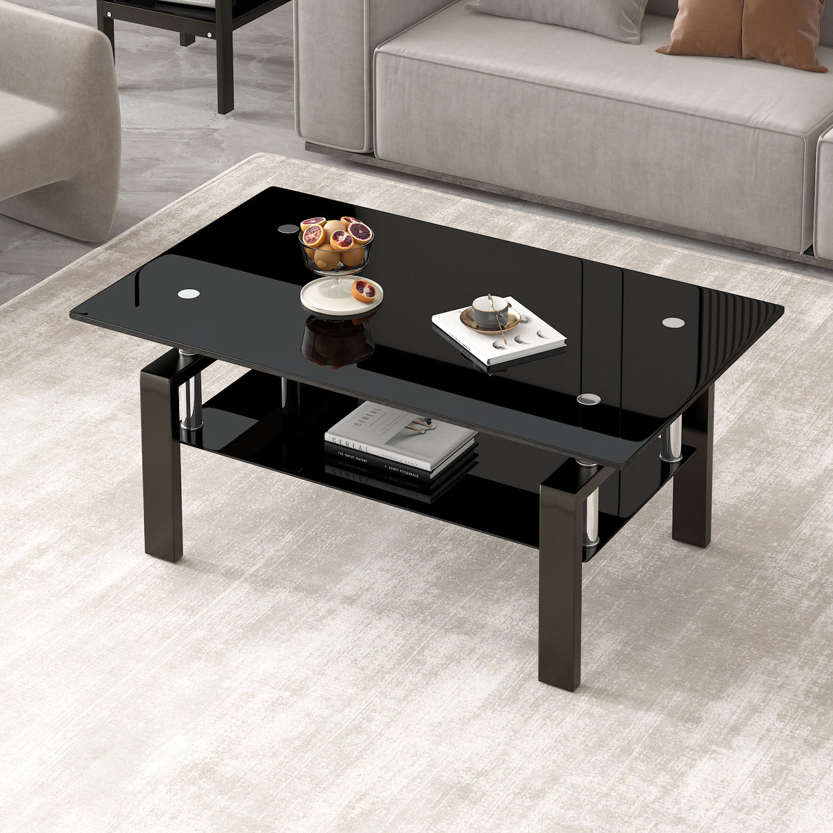 Black Tempered Glass Coffee Table, 2 Layer Storage Tea Table - V.I.P Digital Presence