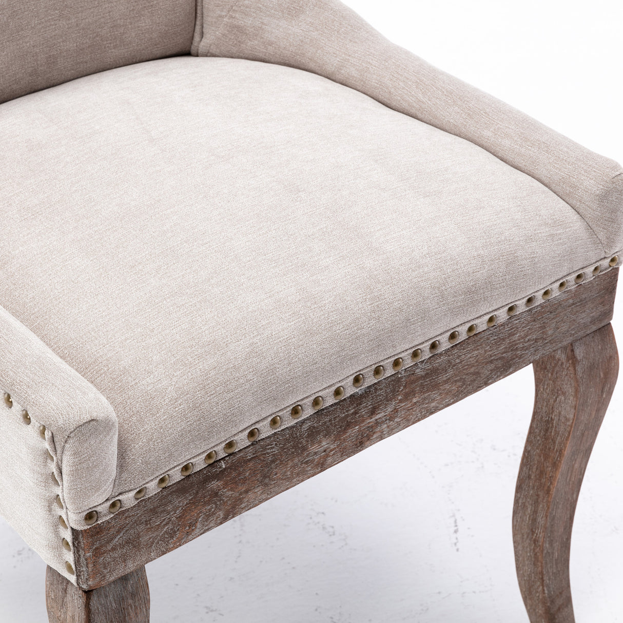 Ultra Side Dining Chair Thickened fabric chairs with neutrally toned solid wood legs Bronze nail head Set of 2 Beige