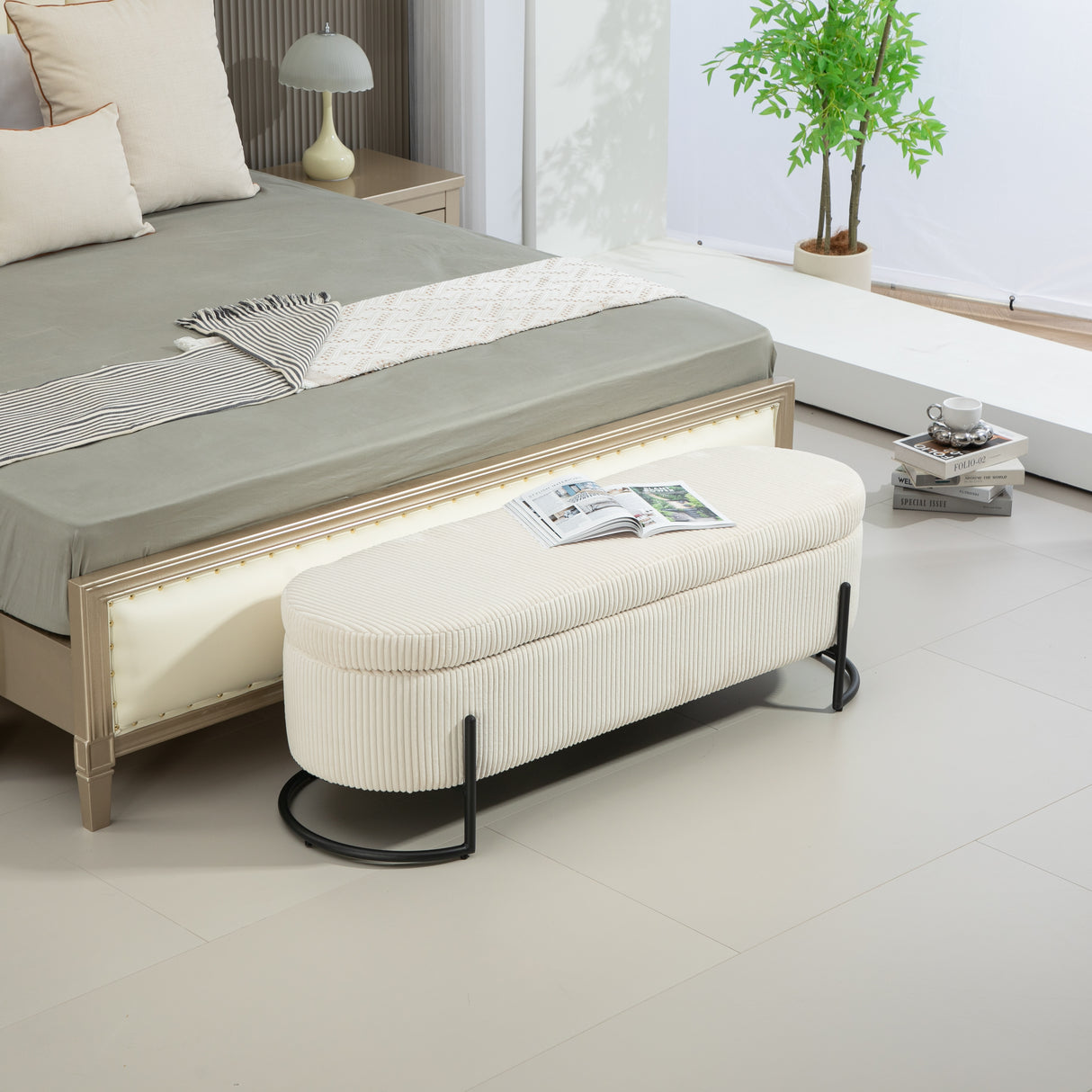 COOLMOR storage Ottoman chair with safety hinge and soft cushion fabric storage Ottoman stool (beige) - V.I.P Digital Presence