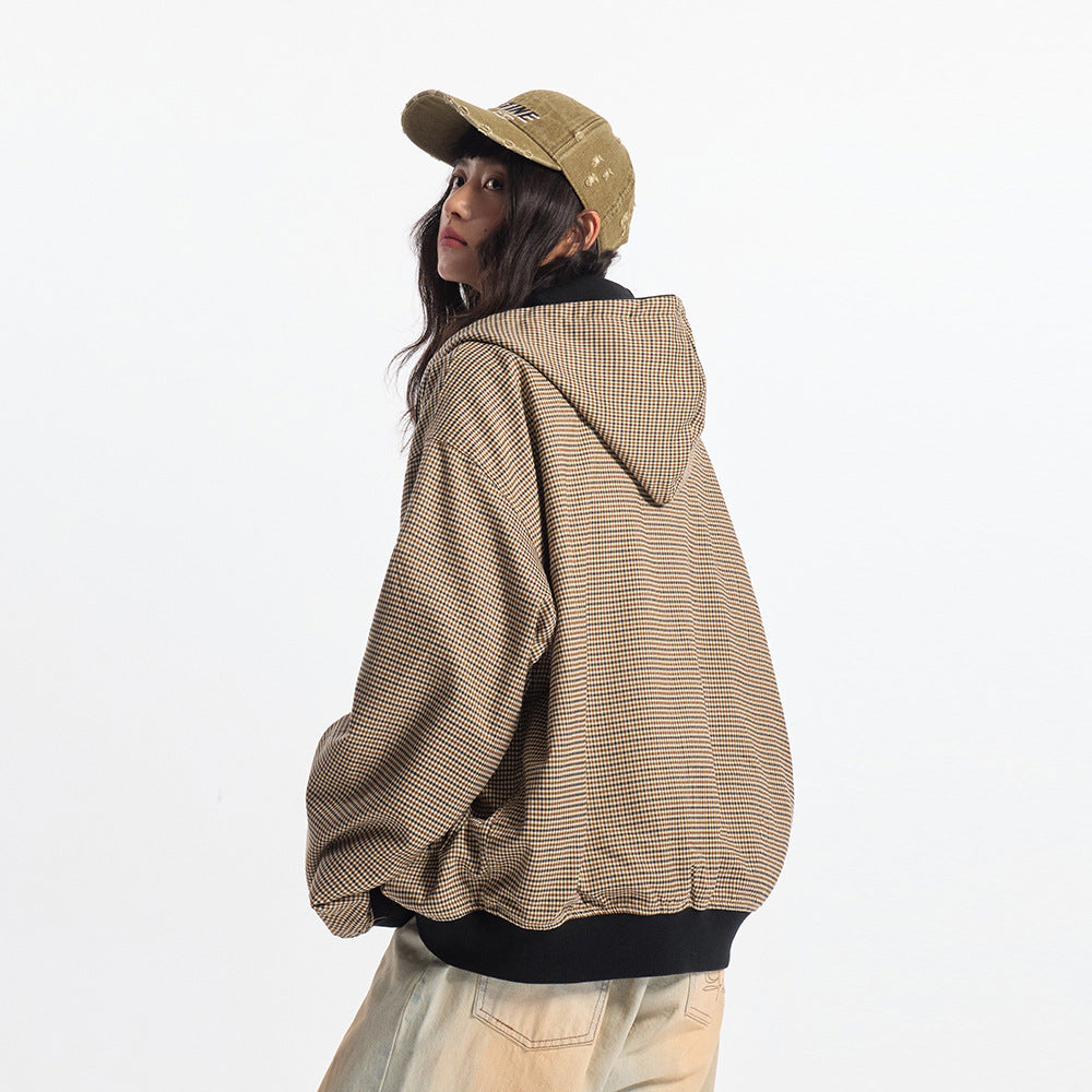 Double-sided Wear Hooded Cardigan Unisex Spring and Autumn Casual Loose Fit Plaid Short Jacket Two-Way Wearing - V.I.P Digital Presence