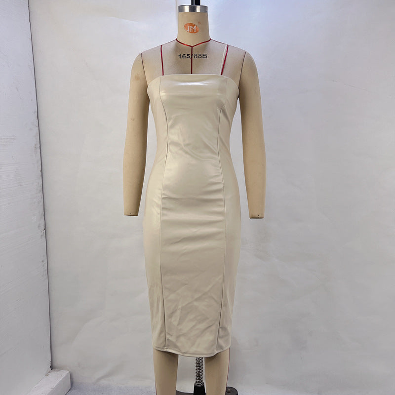 Women's Solid Color PU Leather Sexy Strapless Waist-Cinching Bodycon Dress - V.I.P Digital Presence