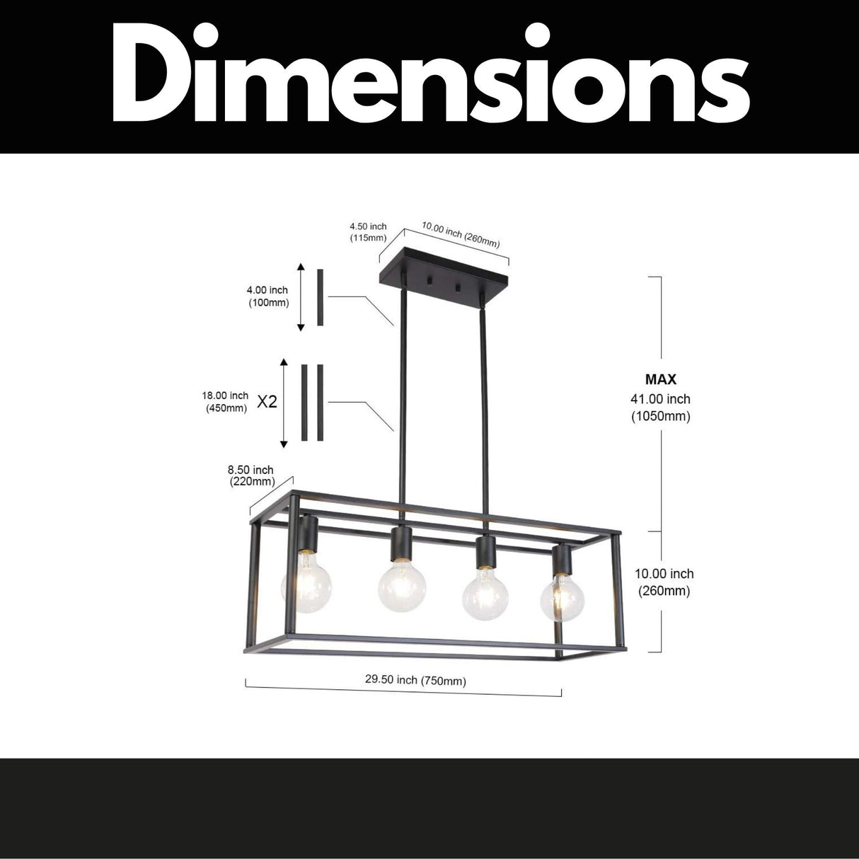 Pendant Lighting 4 Light Industrial Vintage Open Frame Rectangle Chandeliers Modern Black Linear Cage Ceiling Light Fixture - V.I.P Digital Presence