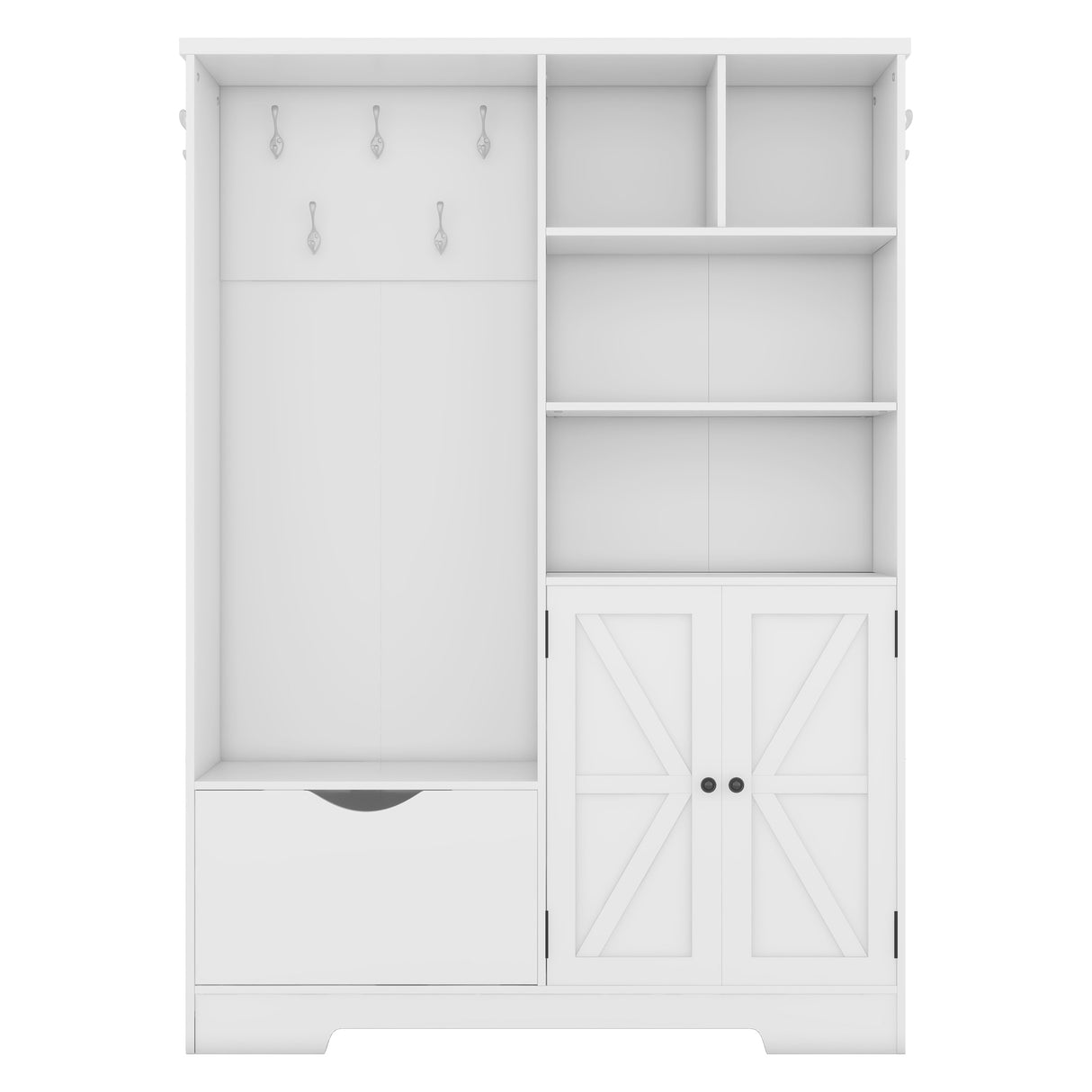 Multi-functional Hall Tree with Storage Shelves Drawers Cabinet Elegant Hallway Shoe Cabinet with Bench Modern Coat Rack White - V.I.P Digital Presence