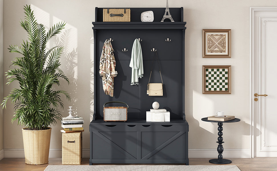 Hall tree with storage desk, entrance desk with drawers and 5 hooks, display rack, dark blue - V.I.P Digital Presence