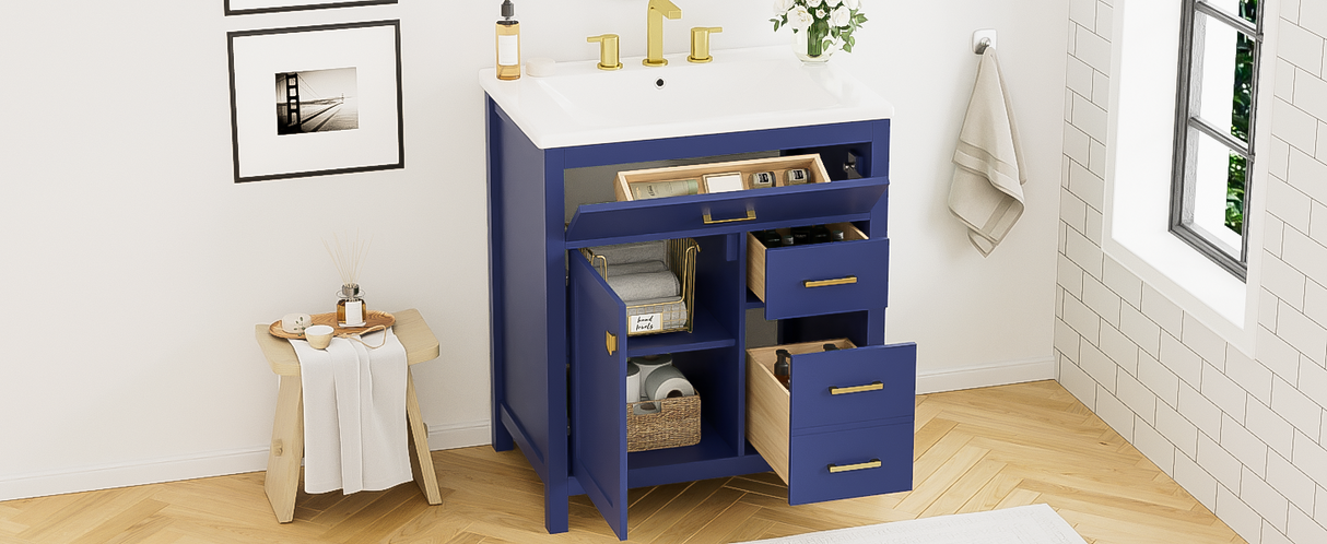 30-Inch Blue Bathroom Vanity with Ceramic Sink and Ample Storage - Ideal Choice for Small Bathrooms - V.I.P Digital Presence
