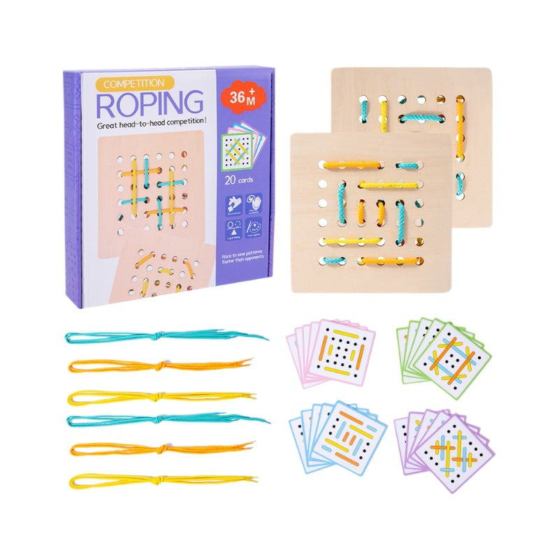 Montessori Early Education Children's Double Battle Pattern Rope Wearing Game Exercise Baby's Hand Eye Coordination Toy