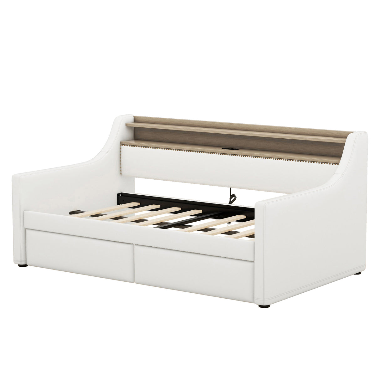 Twin Size Daybed with Drawers, Upholstered Daybed with Charging Station and LED Lights, White - V.I.P Digital Presence