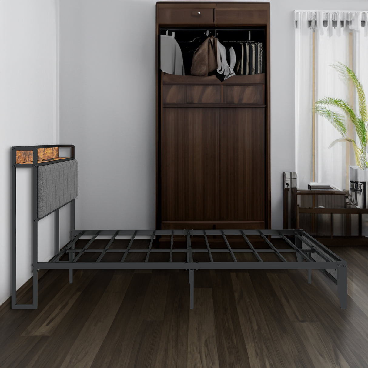 Queen Size Bed Frame with Charging Station, Upholstered Headboard, Metal Platform, Grey - V.I.P Digital Presence