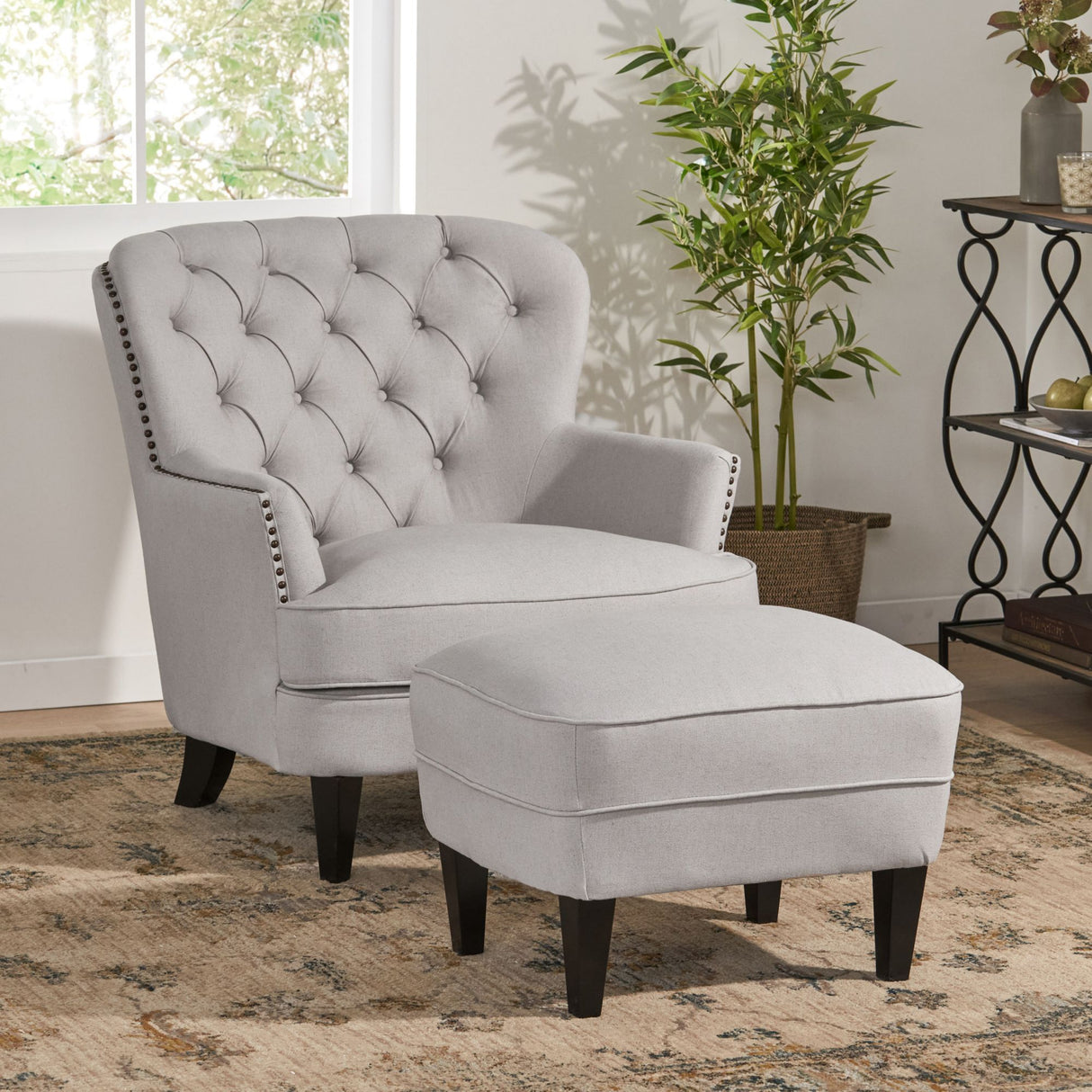 Modern light grey fabric club chair and Ottoman set, stylish cushioned armchair, paired with Ottoman style - V.I.P Digital Presence