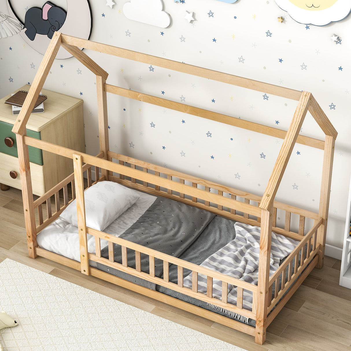 Twin Size Floor Wooden Bed with House Roof Frame, Fence Guardrails - V.I.P Digital Presence