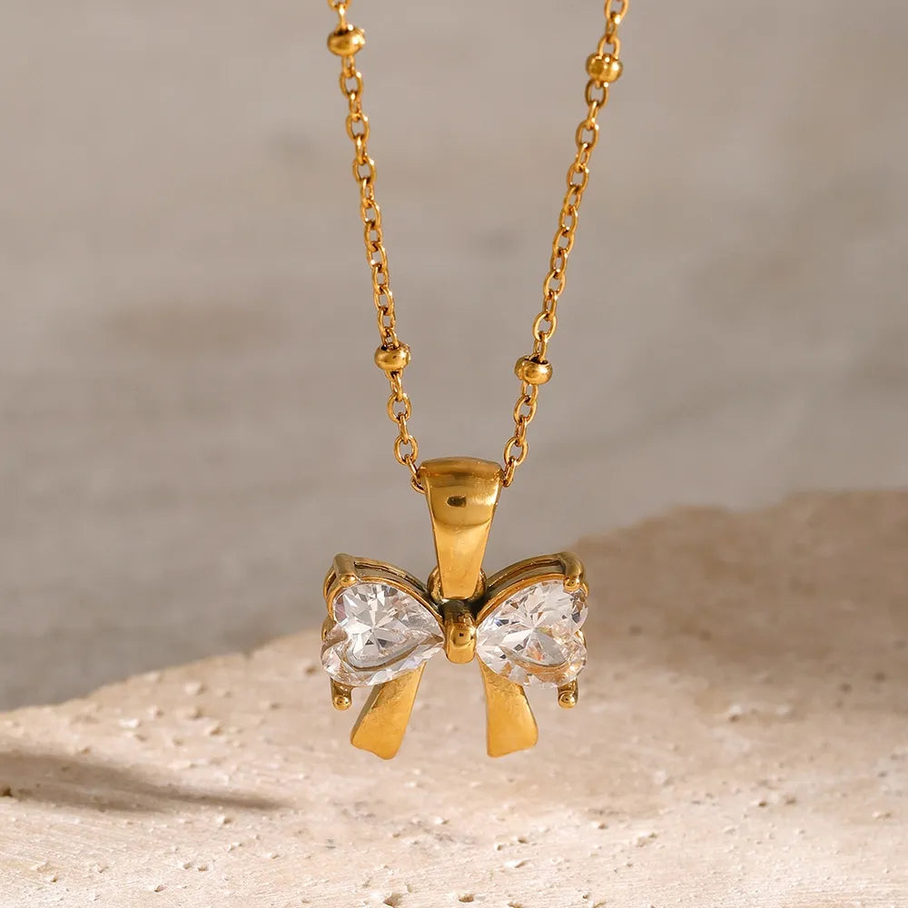 Stainless Steel Inlaid Zircon Bow Necklace - V.I.P Digital Presence