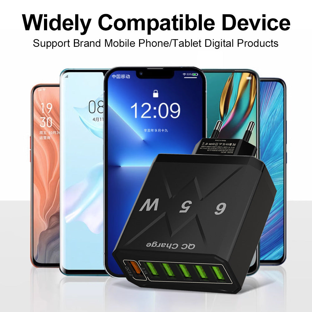 Cargador de teléfono móvil estándar coreano de carga rápida de 65 W, cargador de viaje con cabezal de carga rápida multipuerto de 6 USB