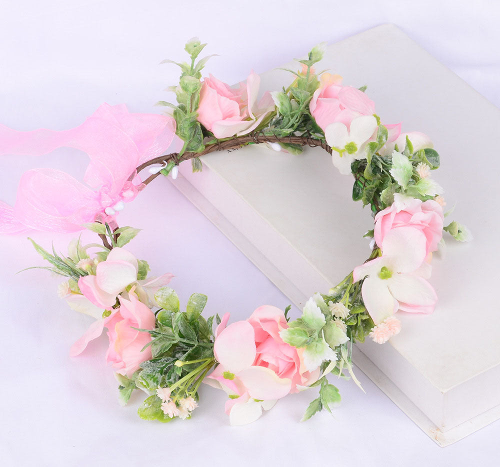 Spring flower wreath, fresh simulation flower headdress, green plants, flowers, crown, bride's vacation, wedding headdress, flow - V.I.P Digital Presence