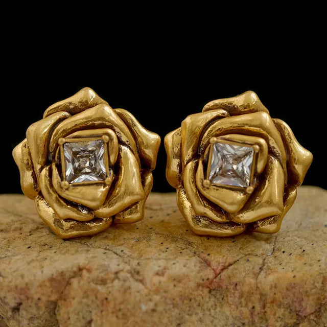 Brass Gold Color Metal Rose Flower Stud Earrings Geometry Zircon Shiny for Women Girls Jewelry Gifts Europe and America - V.I.P Digital Presence