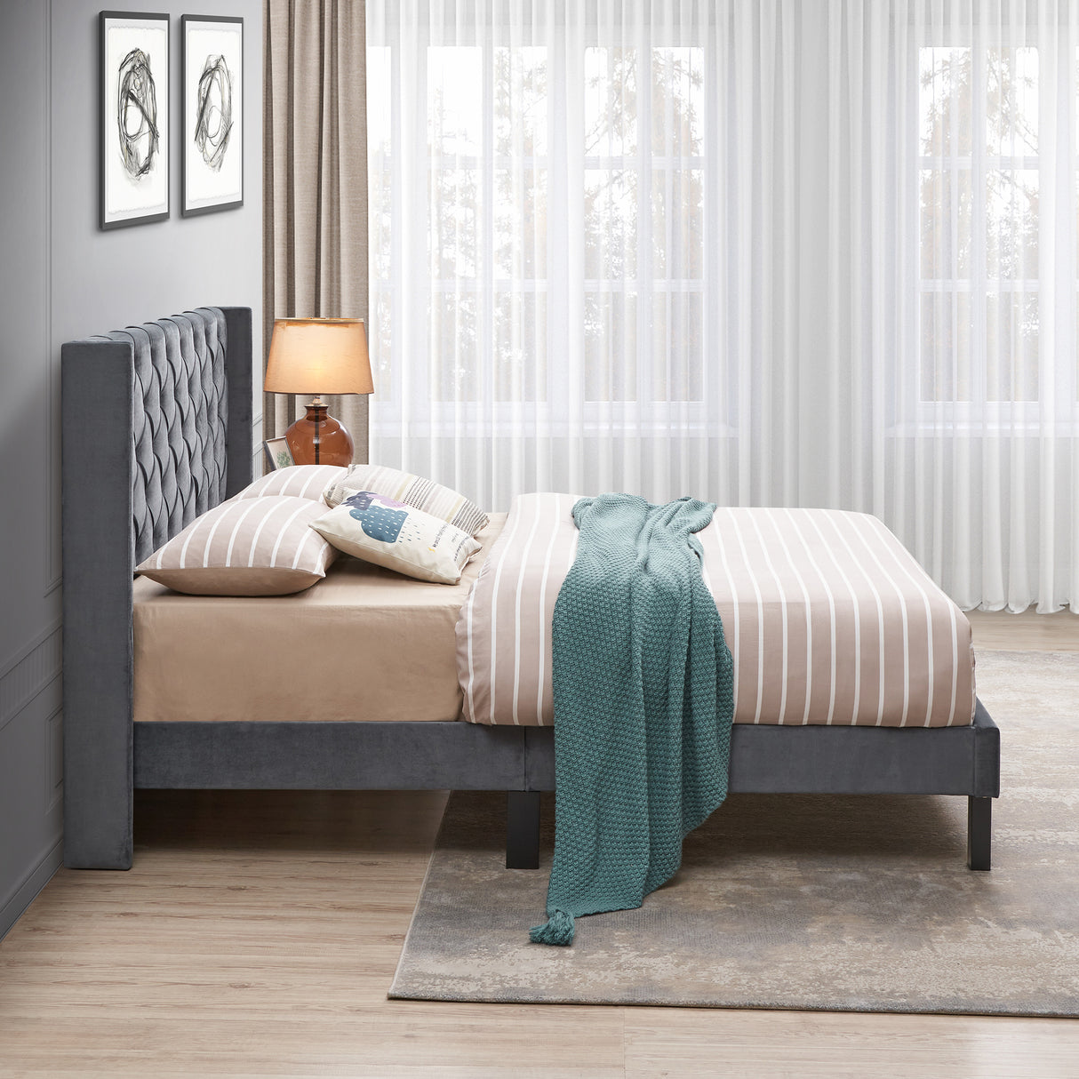 Velvet Button Tufted-Upholstered Bed with Wings Design - Strong Wood Slat Support - Easy Assembly - Gray Queen platform bed - V.I.P Digital Presence