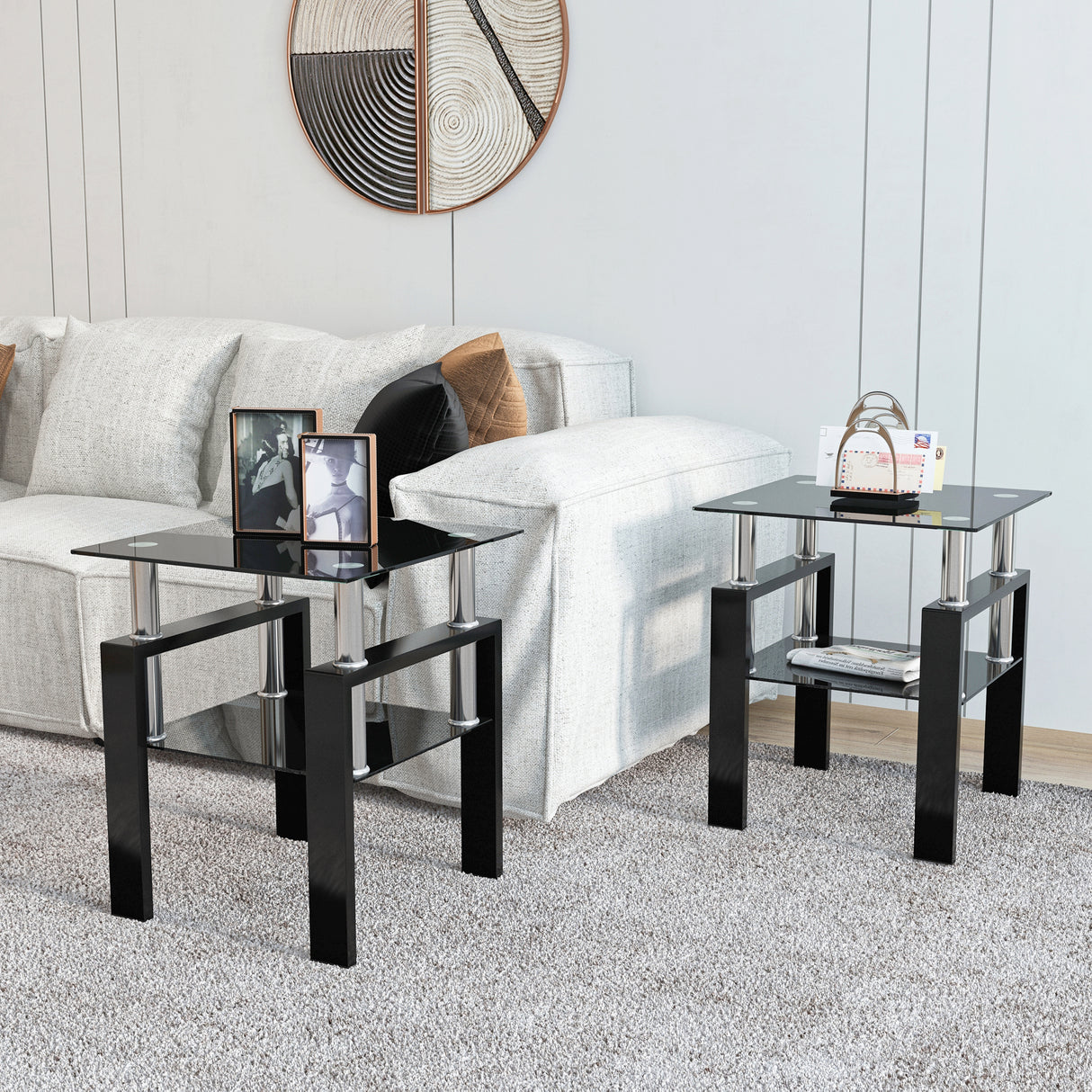 Set of 2, Modern Tempered Glass Tea Table Coffee Table End Table, Square Table for Living Room, Black - V.I.P Digital Presence