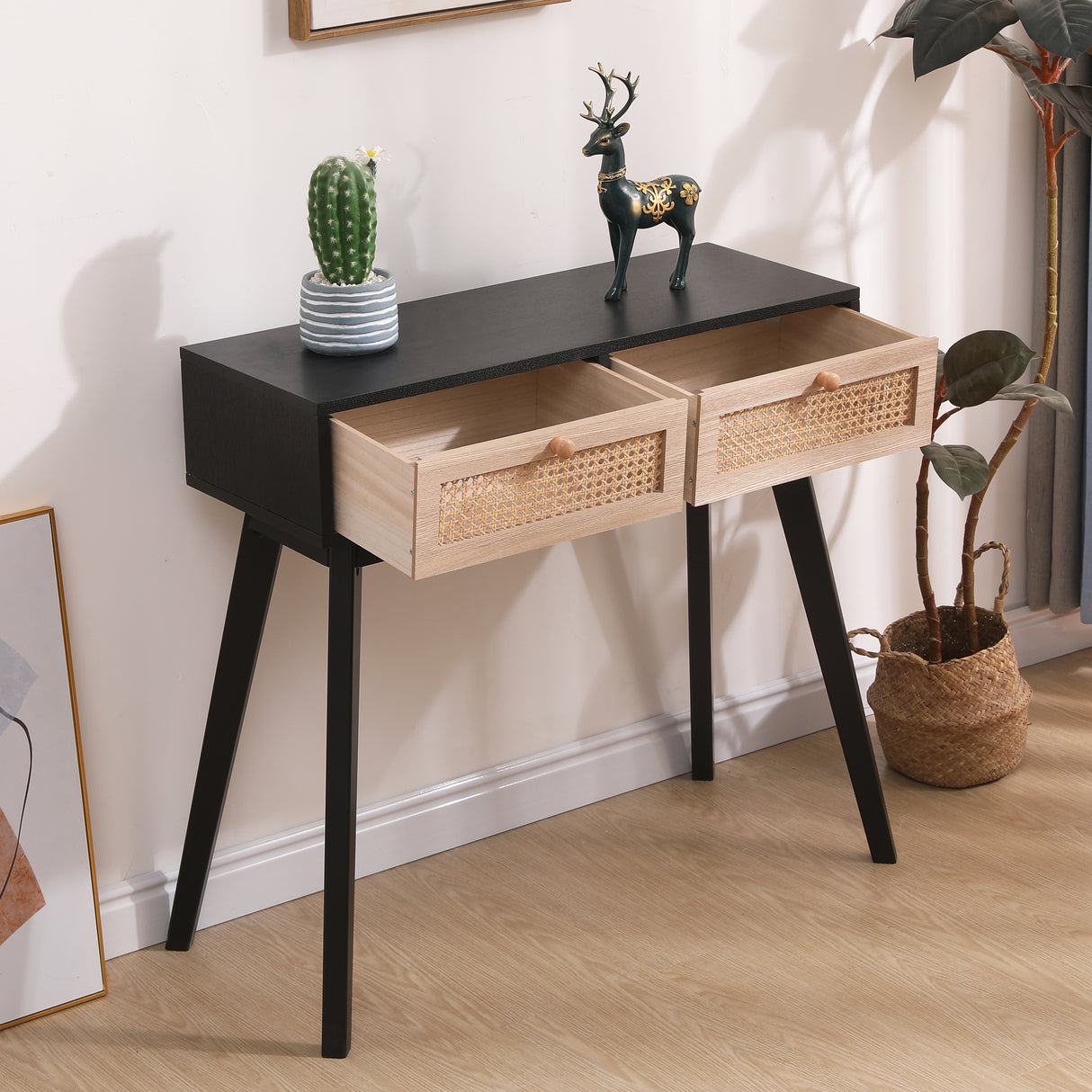 Side table with two real rattan drawers, solid wood table legs,can be used in the dining room, living room,bedroom - V.I.P Digital Presence