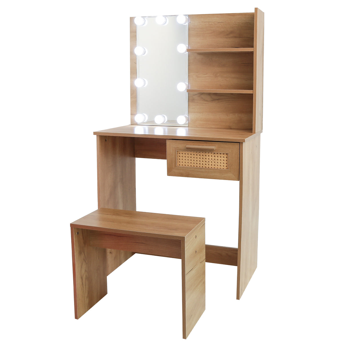 Vanity Desk Set Stool & Dressing Table with LED Lighting Mirror Drawer and Wood Cosmetic Table Chest of Drawers Nature Color - V.I.P Digital Presence
