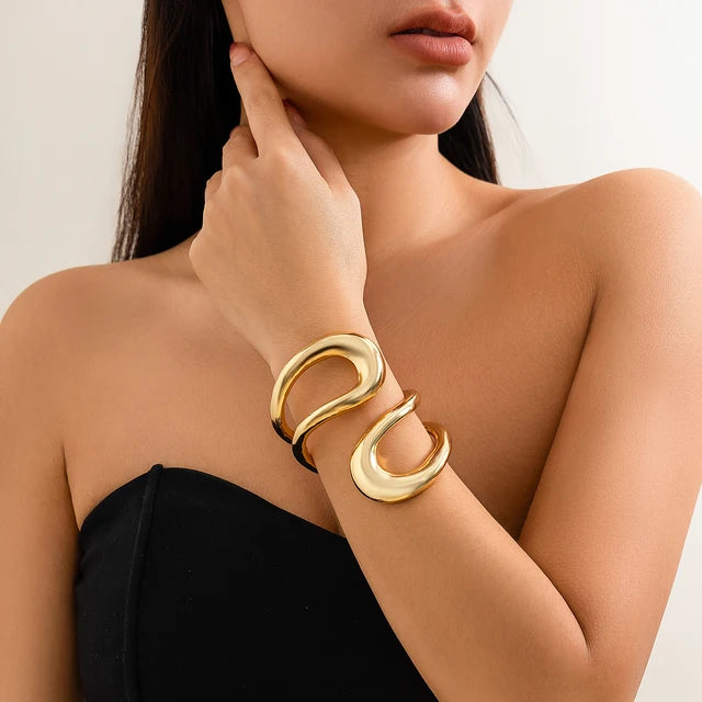 Lacteo Steampunk Chunky Heavy Metal Spring Cuff Bracelet for Women Irregular Big Hollow Out Bangle Jewelry Party Accessories - V.I.P Digital Presence