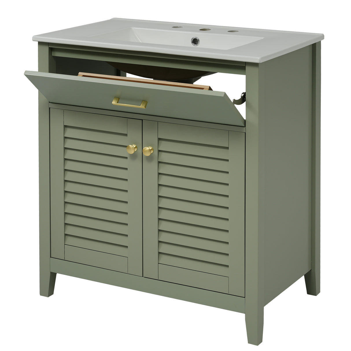 30-Inch Bathroom Vanity with Ceramic Sink Combination, Ample Storage - Features 1 Pullout and Multifunctional Shelf Dividers - V.I.P Digital Presence