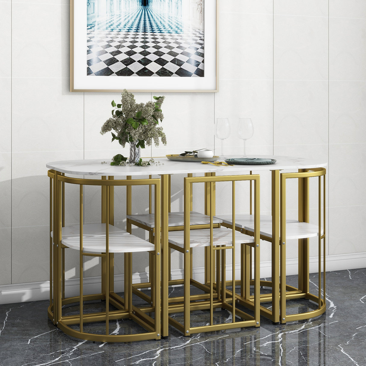 TOPMAX Modern 7-Piece Dining Table Set with Faux Marble Compact 55Inch Kitchen Table Set for 6 Golden+White
