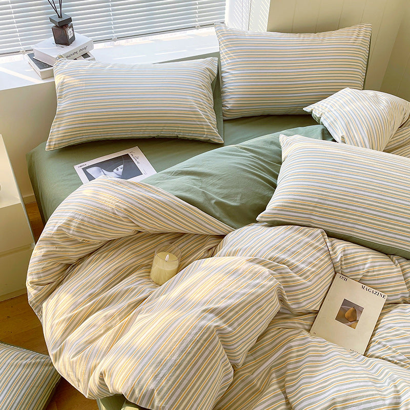 Juego de ropa de cama de algodón lavado teñido de algodón puro de clase A, sábana plana, funda de edredón, sábana ajustable, funda de edredón, juego de tres piezas a rayas