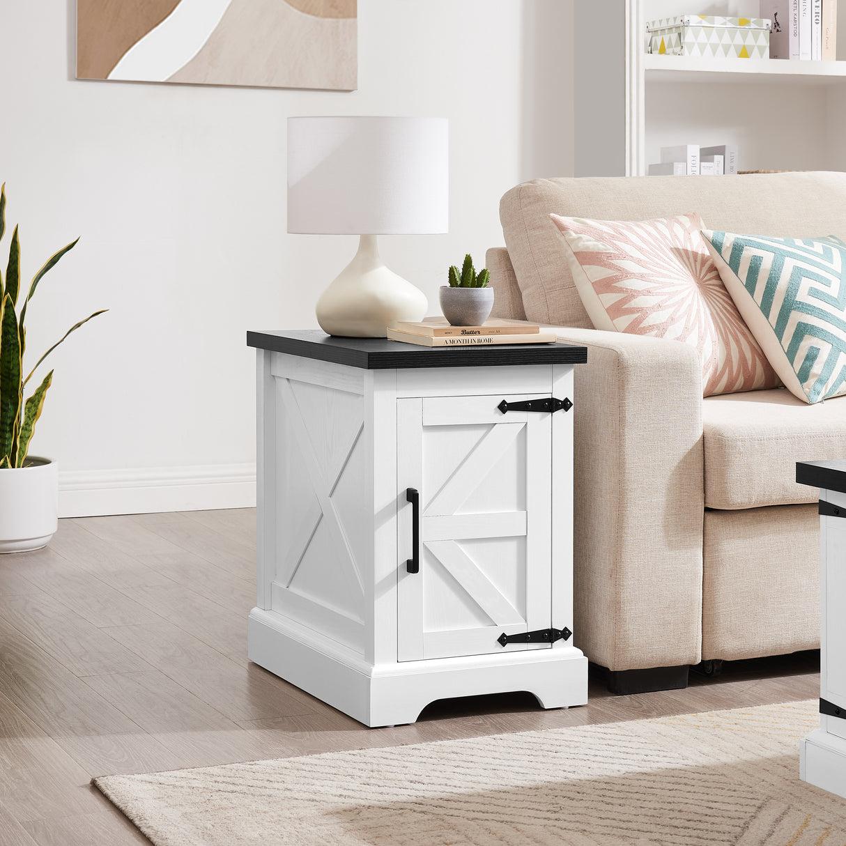 Farmhouse tea table bedside table rectangular farmhouse tea table with barn door and adjustable storage rack, white - V.I.P Digital Presence