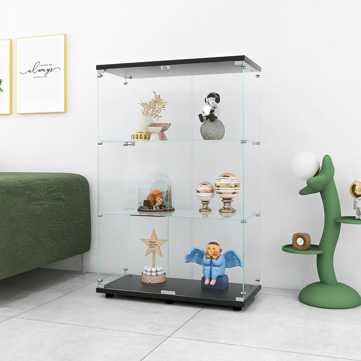 Three double door glass display cabinets with door frames, 49.3 inches * 31.7 inches * 14.3 inches, black - V.I.P Digital Presence