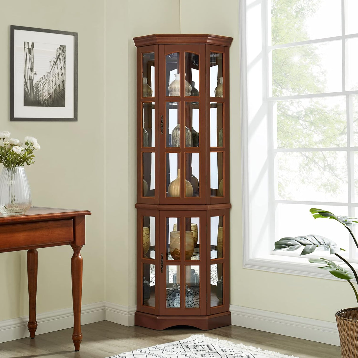 Corner Curio Cabinet with 5 Shelves and Lighting System, Walnut(E26 light bulb not included) - V.I.P Digital Presence