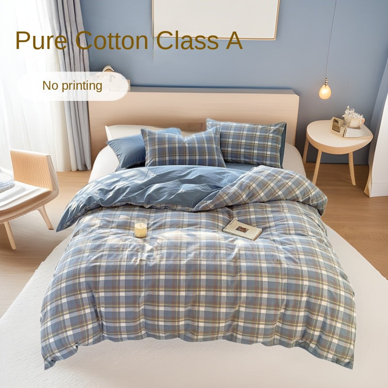 Juego de ropa de cama de algodón lavado teñido de algodón puro de clase A, sábana plana, funda de edredón, sábana ajustable, funda de edredón, juego de tres piezas a rayas
