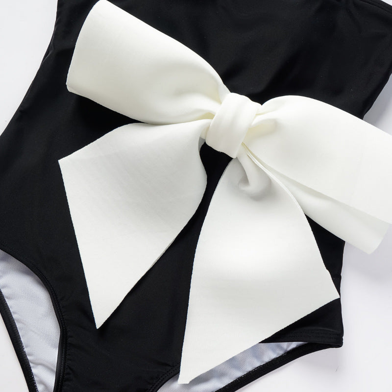 One piece swimsuit bow decoration sweet girl black and white contrasting swimsuit female - V.I.P Digital Presence