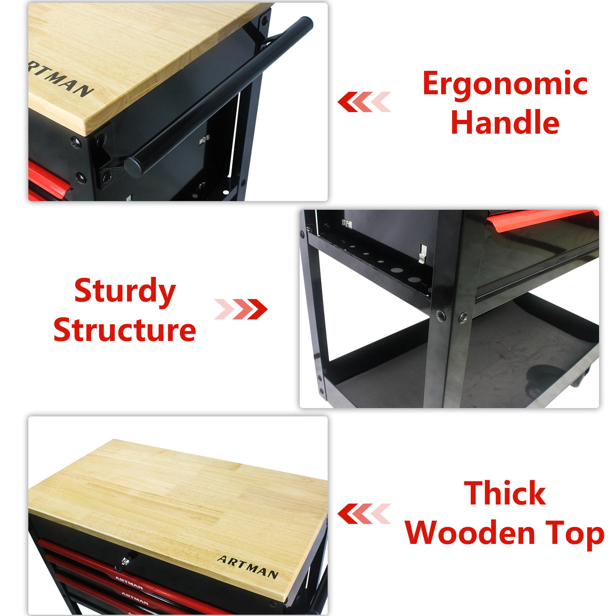 3 DRAWERS MULTIFUNCTIONAL TOOL CART WITH WHEELS AND WOODEN TOP - V.I.P Digital Presence