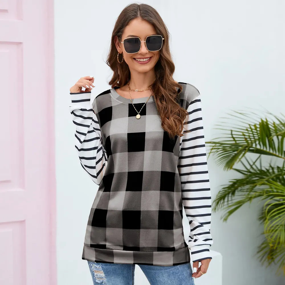 Plaid Striped Round Neck Long Sleeve T-Shirt - V.I.P Digital Presence